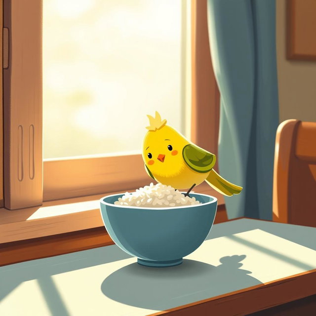 A cute little bird has landed on the dining table next to a window, happily pecking at a bowl of rice