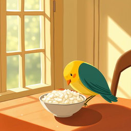 A cute little bird has landed on the dining table next to a window, happily pecking at a bowl of rice