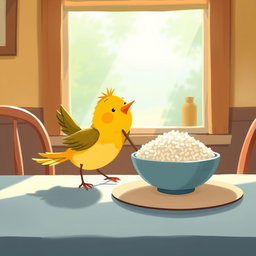 A cute little bird has landed on the dining table next to a window, happily pecking at a bowl of rice