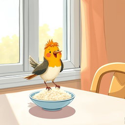 A cute little bird has landed on the dining table next to a window, happily pecking at a bowl of rice