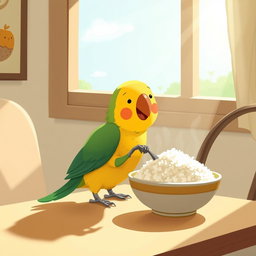A cute little parrot has perched on the dining table next to a window, happily munching on a bowl of rice