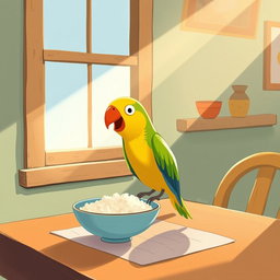 A cute little parrot has perched on the dining table next to a window, happily munching on a bowl of rice
