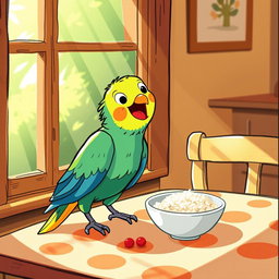 A cute little parrot has perched on the dining table next to a window, happily munching on a bowl of rice