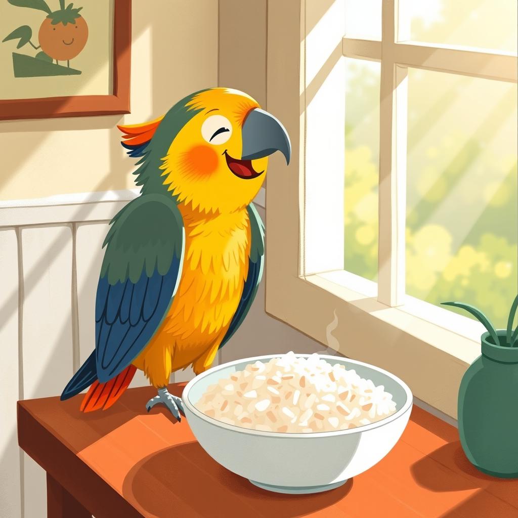 A cute little parrot has perched on the dining table next to a window, happily munching on a bowl of rice