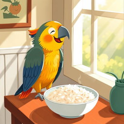A cute little parrot has perched on the dining table next to a window, happily munching on a bowl of rice
