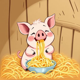A cute little pig is happily munching on noodles inside a pigpen