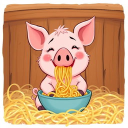 A cute little pig is happily munching on noodles inside a pigpen