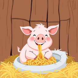 A cute little pig is happily munching on noodles inside a pigpen