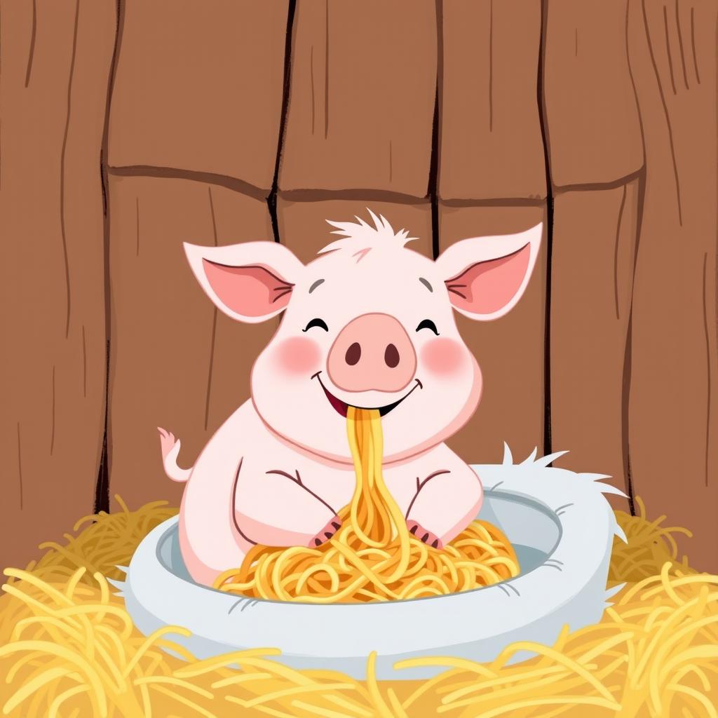 A cute little pig is happily munching on noodles inside a pigpen
