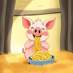 A cute little pig is happily munching on noodles inside a pigpen