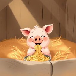 A cute little pig is cheerfully eating noodles in a pigpen
