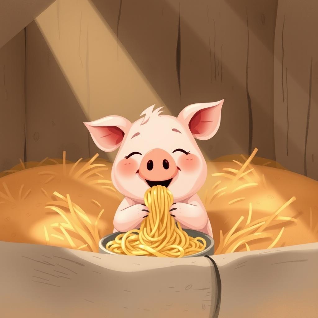 A cute little pig is cheerfully eating noodles in a pigpen