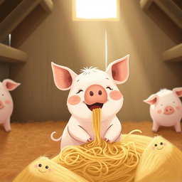 A cute little pig is cheerfully eating noodles in a pigpen