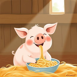 A cute little pig is cheerfully eating noodles in a pigpen