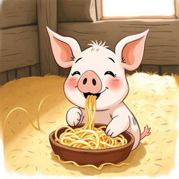 A cute little pig is cheerfully eating noodles in a pigpen