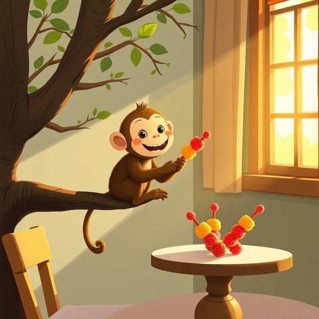 A cute little monkey is perched on a tree branch by the window, happily munching on a candied hawthorn skewer (tanghulu)