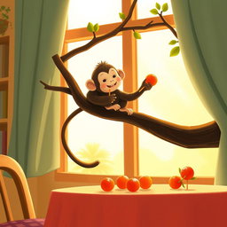 A cute little monkey is perched on a tree branch by the window, happily munching on a candied hawthorn skewer (tanghulu)