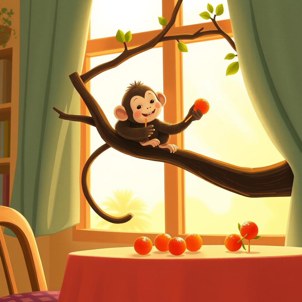 A cute little monkey is perched on a tree branch by the window, happily munching on a candied hawthorn skewer (tanghulu)