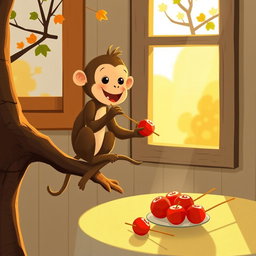 A cute little monkey is perched on a tree branch by the window, happily munching on a candied hawthorn skewer (tanghulu)