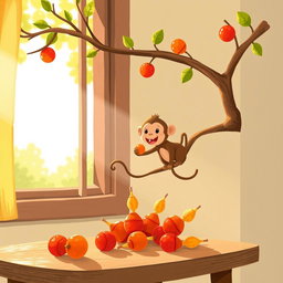 A cute little monkey is perched on a tree branch by the window, happily munching on a candied hawthorn skewer (tanghulu)