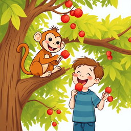 A cute little monkey is happily enjoying a candied hawthorn skewer (tanghulu) while sitting on a tree branch