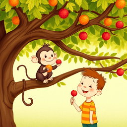 A cute little monkey is happily enjoying a candied hawthorn skewer (tanghulu) while sitting on a tree branch