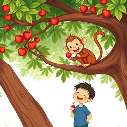 A cute little monkey is happily enjoying a candied hawthorn skewer (tanghulu) while sitting on a tree branch