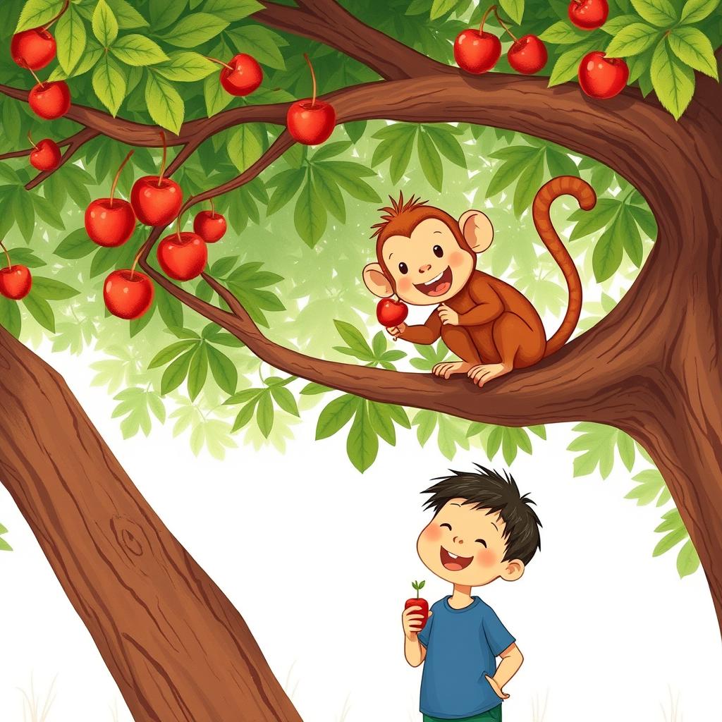 A cute little monkey is happily enjoying a candied hawthorn skewer (tanghulu) while sitting on a tree branch