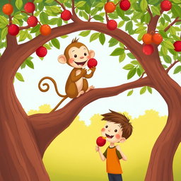 A cute little monkey is happily enjoying a candied hawthorn skewer (tanghulu) while sitting on a tree branch
