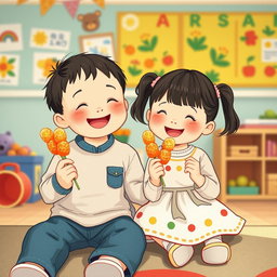 In a kindergarten setting, a small boy and a small girl are sitting together, both holding and happily eating candied hawthorn skewers (tanghulu)