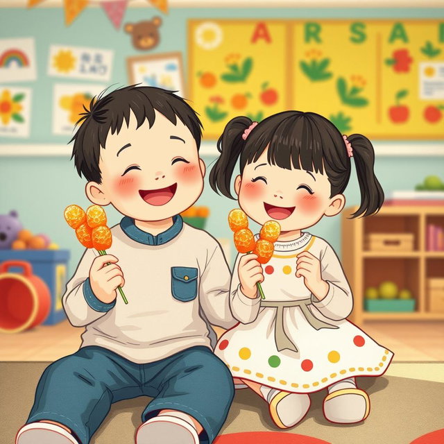 In a kindergarten setting, a small boy and a small girl are sitting together, both holding and happily eating candied hawthorn skewers (tanghulu)