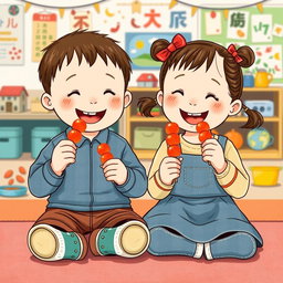In a kindergarten setting, a small boy and a small girl are sitting together, both holding and happily eating candied hawthorn skewers (tanghulu)