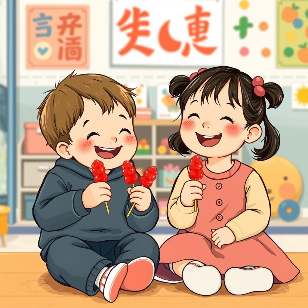In a kindergarten setting, a small boy and a small girl are sitting together, both holding and happily eating candied hawthorn skewers (tanghulu)