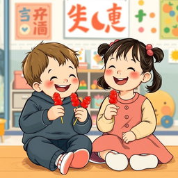 In a kindergarten setting, a small boy and a small girl are sitting together, both holding and happily eating candied hawthorn skewers (tanghulu)