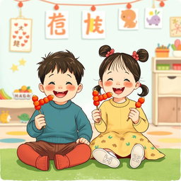 In a kindergarten setting, a small boy and a small girl are sitting together, both holding and happily eating candied hawthorn skewers (tanghulu)