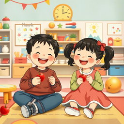 In a colorful kindergarten, a small boy and a small girl are joyfully sitting together, each holding a candied hawthorn skewer (tanghulu) and happily eating it