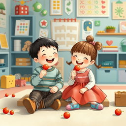 In a colorful kindergarten, a small boy and a small girl are joyfully sitting together, each holding a candied hawthorn skewer (tanghulu) and happily eating it