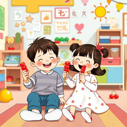 In a colorful kindergarten, a small boy and a small girl are joyfully sitting together, each holding a candied hawthorn skewer (tanghulu) and happily eating it