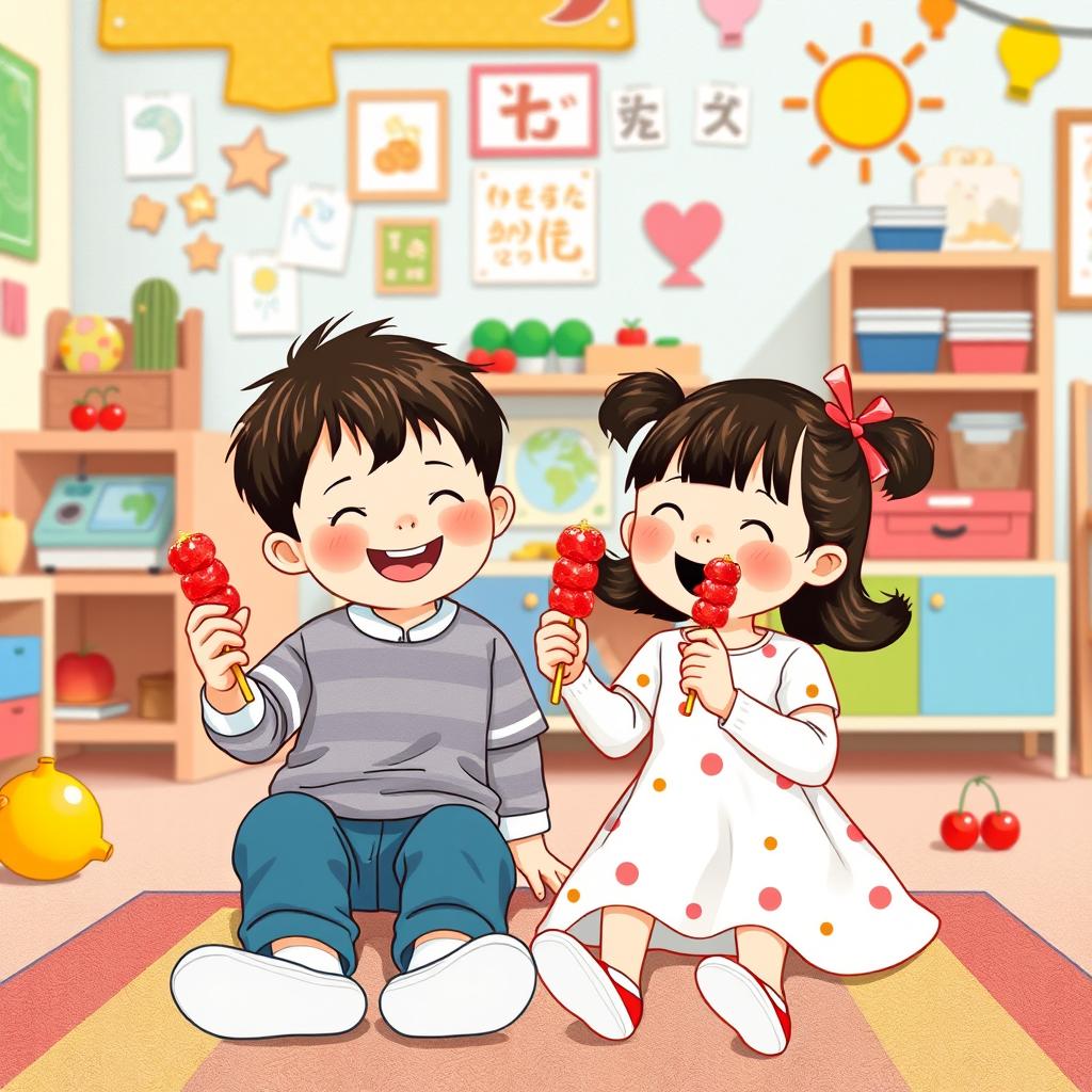 In a colorful kindergarten, a small boy and a small girl are joyfully sitting together, each holding a candied hawthorn skewer (tanghulu) and happily eating it