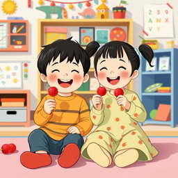 In a colorful kindergarten, a small boy and a small girl are joyfully sitting together, each holding a candied hawthorn skewer (tanghulu) and happily eating it