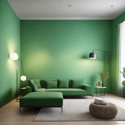 A room with light green walls, complemented by dark green furniture, and adorned with LED lights along the walls.