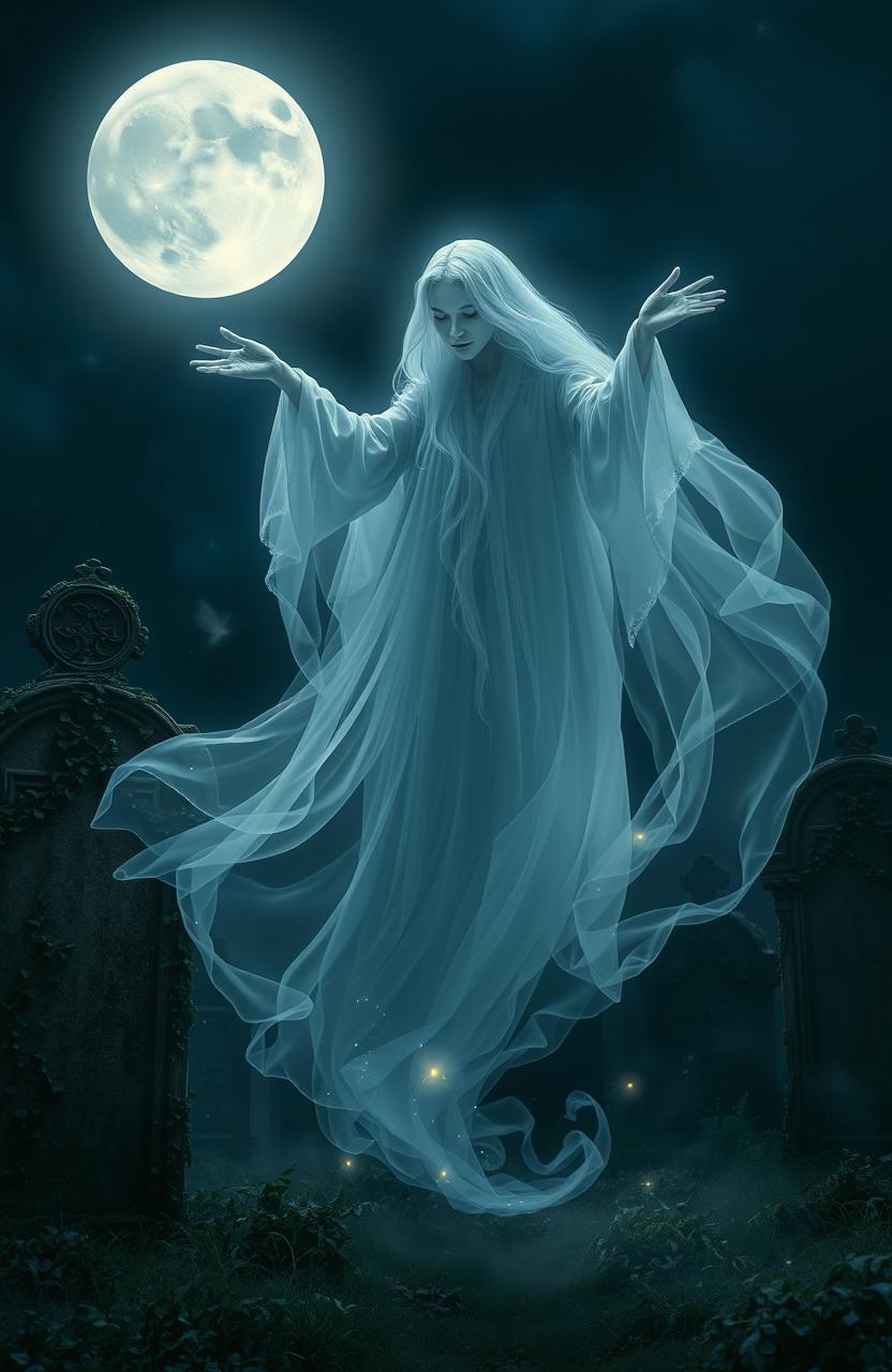 A mystical ghost floating gracefully in an ethereal mist, with flowing translucent garments that shimmer like moonlight