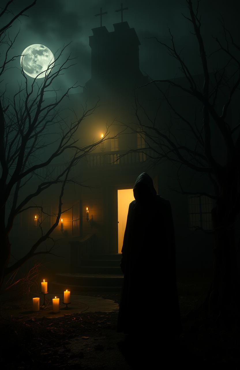 A tense and atmospheric scene set in a dark, abandoned mansion, illuminated only by flickering candlelight