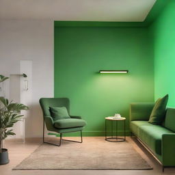 A room with light green walls, complemented by dark green furniture, and adorned with LED lights along the walls.