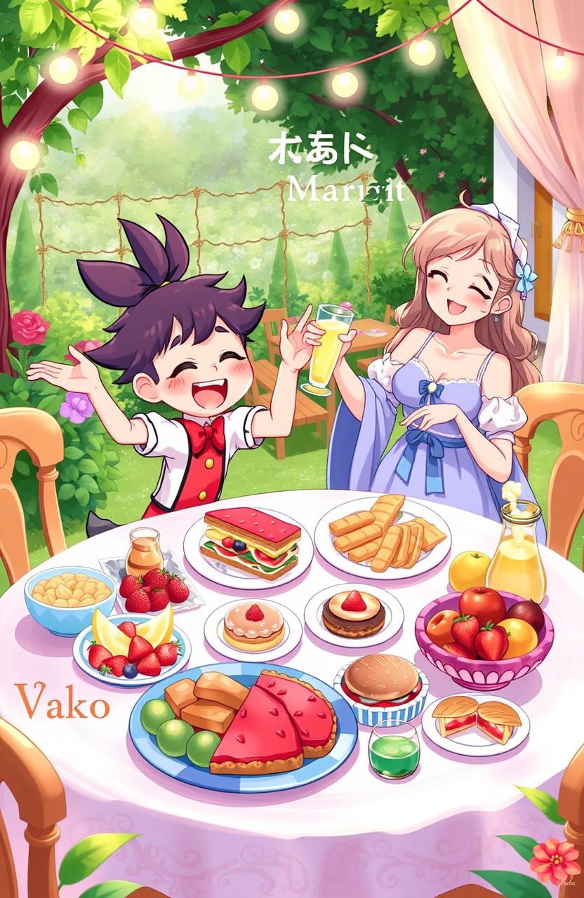 A whimsical and vibrant illustration of a dining scene featuring two characters, Veko and Mari, joyfully enjoying a delicious feast