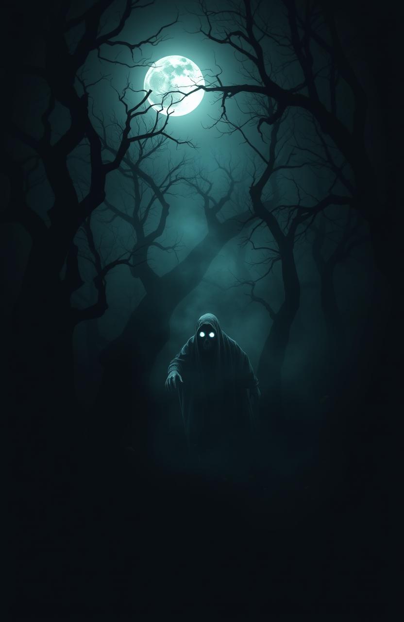 A dark, atmospheric scene featuring a ghostly figure shrouded in mist, roaming through an eerie forest