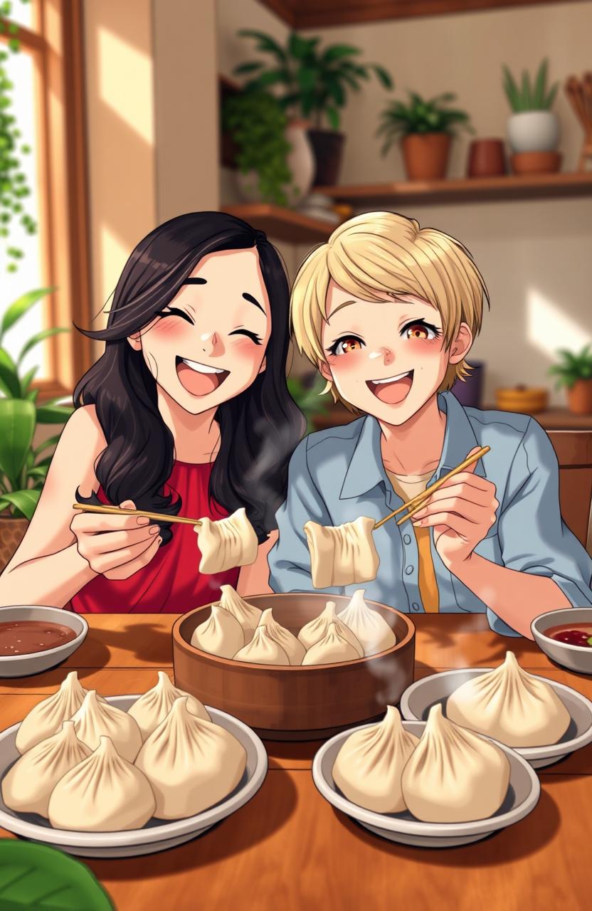 A joyful scene of two girls named Veko and Mari sitting at a wooden table filled with delicious dumplings