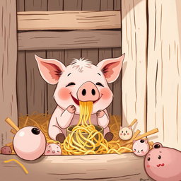 A cute little pig is happily eating noodles in its cozy pen