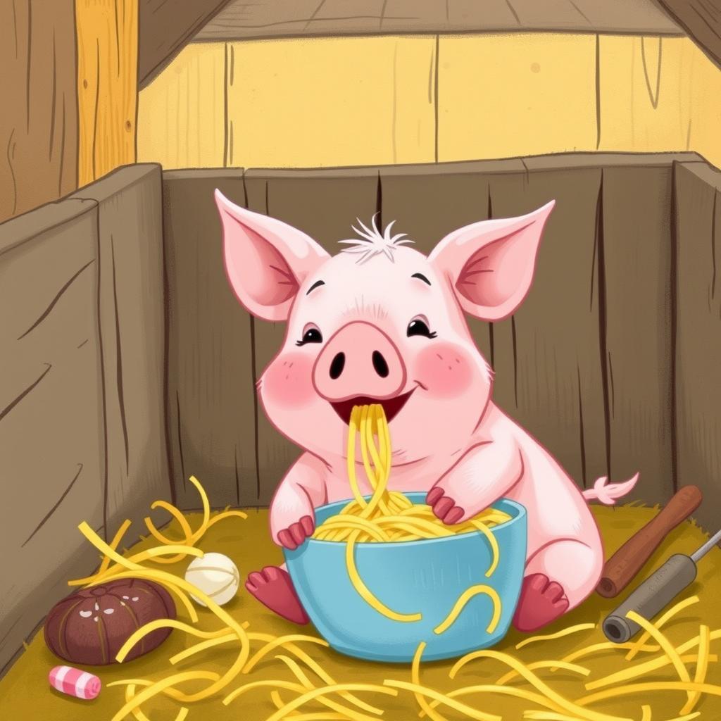 A cute little pig is happily eating noodles in its cozy pen