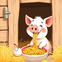 A cute little pig is happily eating noodles in its cozy pen